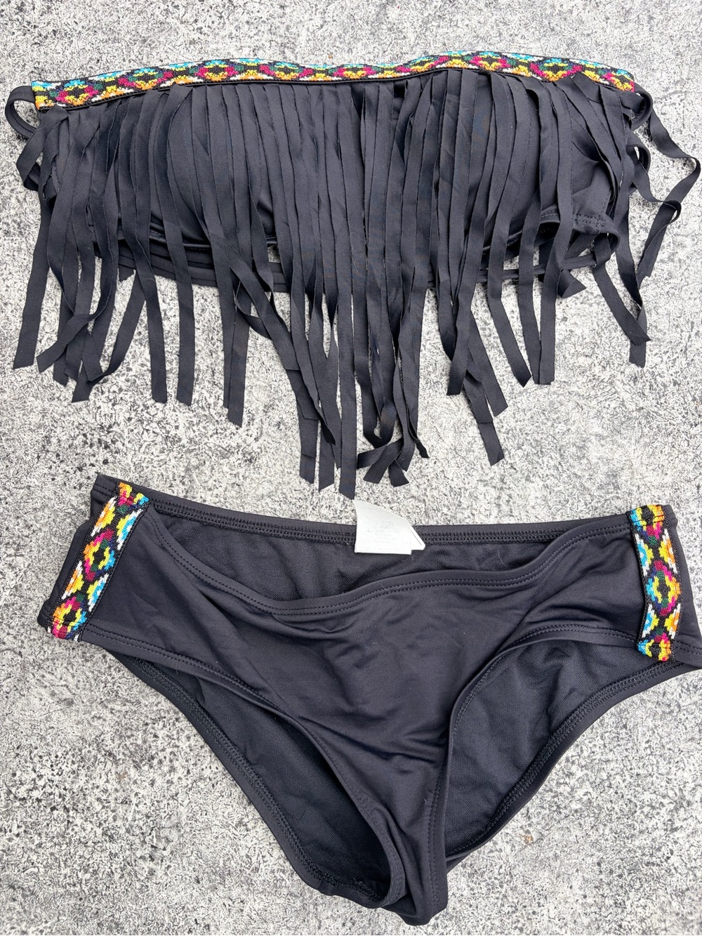 Lucky Brand Black Fringe Bandeau Bikini with Multicolor Trim